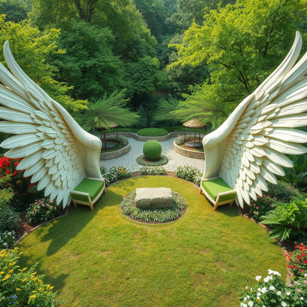 A whimsical scene featuring two large outstretched wings positioned on the ground, their beautiful feathers serving as natural seating areas for people