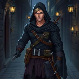 A male Dungeons & Dragons rogue character, dressed in dark, stealthy attire suitable for sneaking and evasion