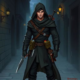 A male Dungeons & Dragons rogue character, dressed in dark, stealthy attire suitable for sneaking and evasion