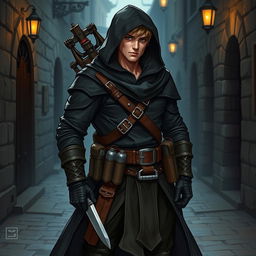 A male Dungeons & Dragons rogue character, dressed in dark, stealthy attire suitable for sneaking and evasion