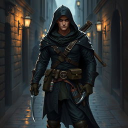 A male Dungeons & Dragons rogue character, dressed in dark, stealthy attire suitable for sneaking and evasion