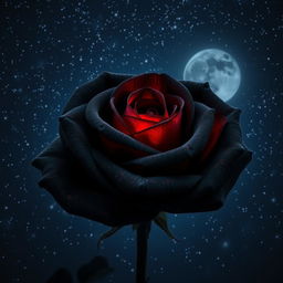 A beautiful dark gray rose with intense red highlights, set against a starry night sky