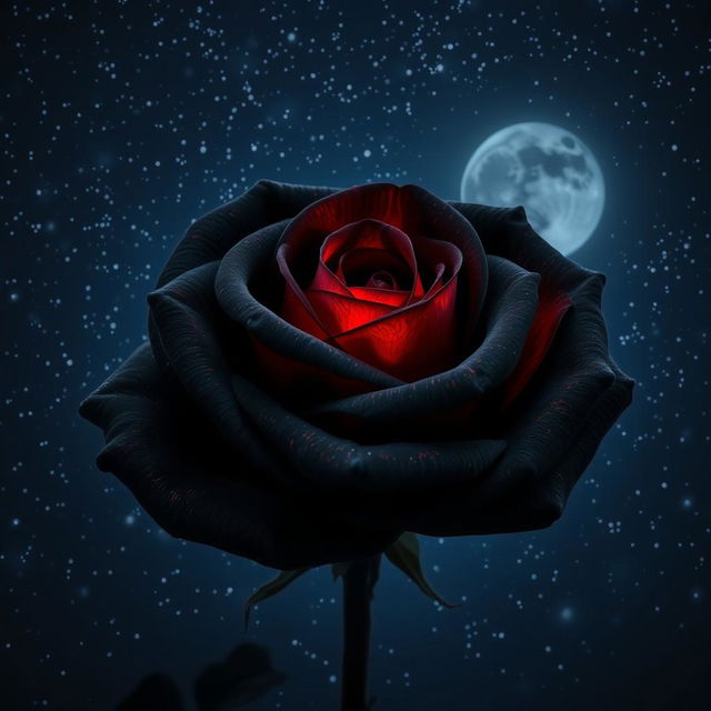 A beautiful dark gray rose with intense red highlights, set against a starry night sky