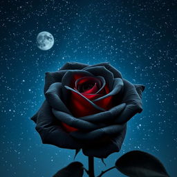 A beautiful dark gray rose with intense red highlights, set against a starry night sky