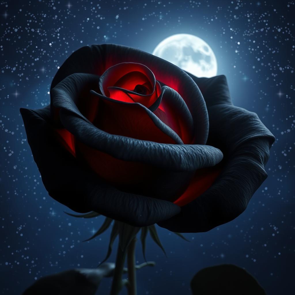 A beautiful dark gray rose with intense red highlights, set against a starry night sky