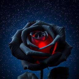 A beautiful dark gray rose with intense red highlights, set against a starry night sky