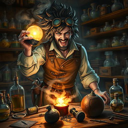 A dynamic scene featuring a fantasy alchemist, with wild hair and goggles perched on their head, holding a glowing bomb in one hand