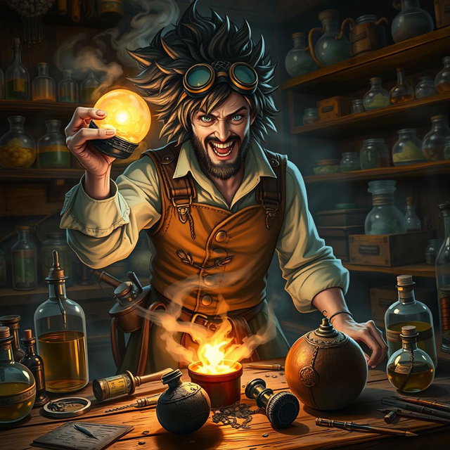 A dynamic scene featuring a fantasy alchemist, with wild hair and goggles perched on their head, holding a glowing bomb in one hand