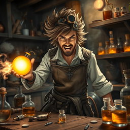 A dynamic scene featuring a fantasy alchemist, with wild hair and goggles perched on their head, holding a glowing bomb in one hand