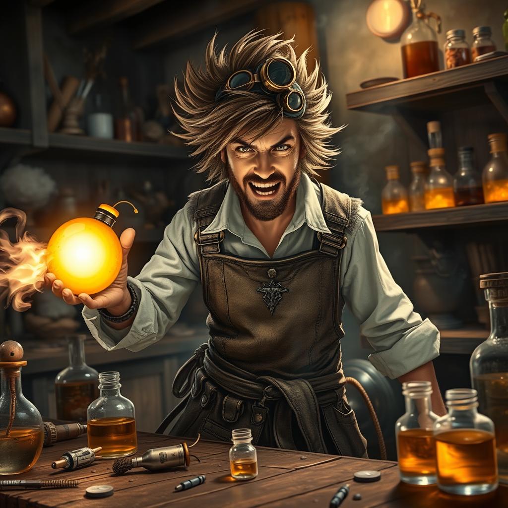 A dynamic scene featuring a fantasy alchemist, with wild hair and goggles perched on their head, holding a glowing bomb in one hand