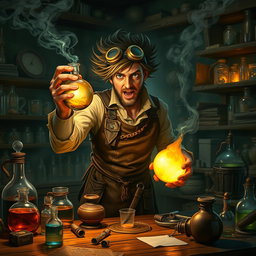 A dynamic scene featuring a fantasy alchemist, with wild hair and goggles perched on their head, holding a glowing bomb in one hand