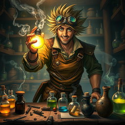 A dynamic scene featuring a fantasy alchemist, with wild hair and goggles perched on their head, holding a glowing bomb in one hand