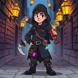 A male Dungeons & Dragons rogue character, designed in a cartoon style