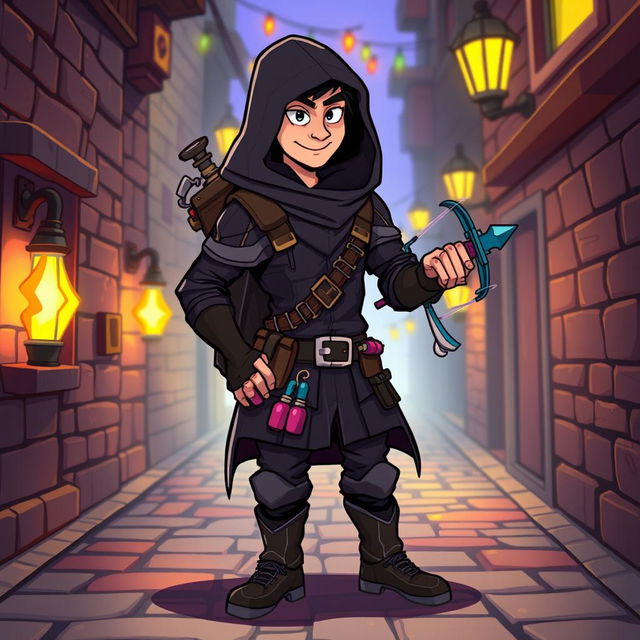 A male Dungeons & Dragons rogue character, designed in a cartoon style