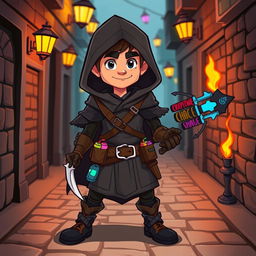 A male Dungeons & Dragons rogue character, designed in a cartoon style