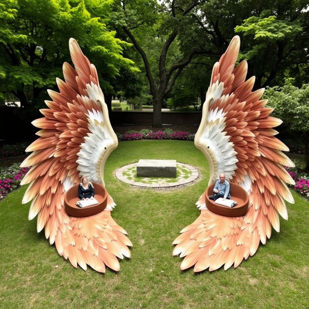 A serene outdoor scene featuring two large, majestic wings placed on the ground, their feathers artistically arranged to serve as natural seating areas for people