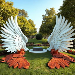 A serene outdoor scene featuring two large, majestic wings placed on the ground, their feathers artistically arranged to serve as natural seating areas for people