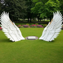 A serene outdoor scene featuring two large, majestic wings placed on the ground, their feathers artistically arranged to serve as natural seating areas for people