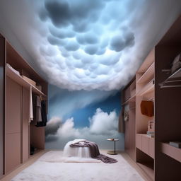 Create a large room with a cloud-painted ceiling. Feature a bed hanging in the middle of one wall, nearby a massive mirror and extensive wardrobe full of compartments. The floor is soft mat, with a wall waterfall facing the bed. One wall is left empty with a gradient of light to dark shades. Include a large study table and wall shelves.