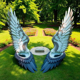 A serene outdoor scene featuring two large, majestic wings placed on the ground, their feathers artistically arranged to serve as natural seating areas for people