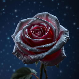 A beautiful gray pearl rose with intense red highlights, set against a starry night sky