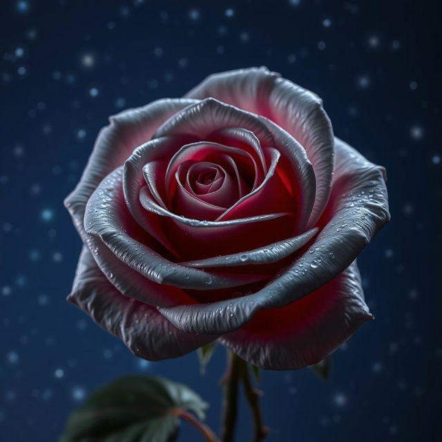 A beautiful gray pearl rose with intense red highlights, set against a starry night sky