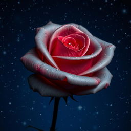 A beautiful gray pearl rose with intense red highlights, set against a starry night sky