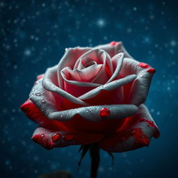 A beautiful gray pearl rose with intense red highlights, set against a starry night sky