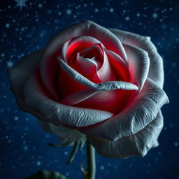 A beautiful gray pearl rose with intense red highlights, set against a starry night sky