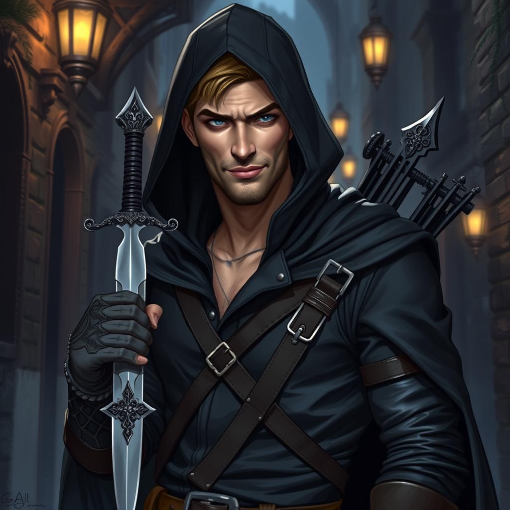 A male Dungeons & Dragons rogue character, depicted in a mature style with an emphasis on sophistication and allure