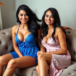 A sexy woman sitting on a plush couch, with flowing black hair, aged 32, wearing a vibrant blue nightie with a plunging neckline