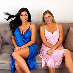 A sexy woman sitting on a plush couch, with flowing black hair, aged 32, wearing a vibrant blue nightie with a plunging neckline