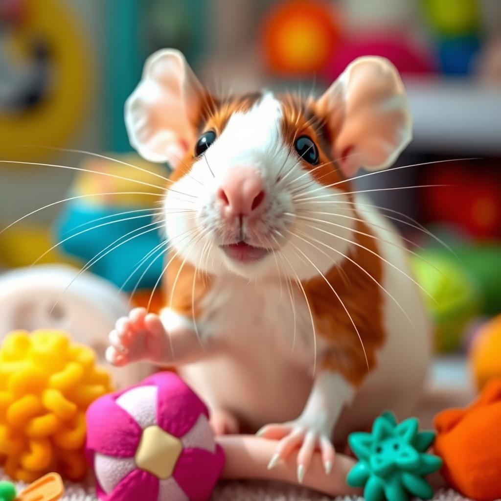 A realistic and cute rat with a predominantly white body and brown patches, featuring big expressive eyes and tiny whiskers