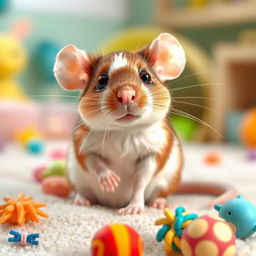 A realistic and cute rat with a predominantly white body and brown patches, featuring big expressive eyes and tiny whiskers