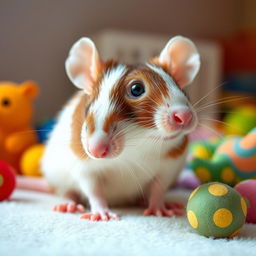 A realistic and cute rat with a predominantly white body and brown patches, featuring big expressive eyes and tiny whiskers