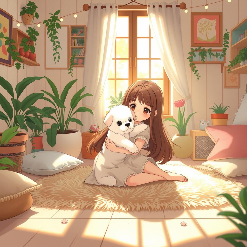 A cozy, whimsical scene reminiscent of Studio Ghibli, featuring a cute teen girl with long flowing hair wearing a pastel-colored dress, sitting on a plush rug in a sunlit room filled with plants and soft cushions