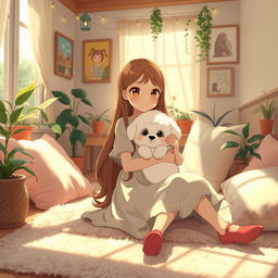 A cozy, whimsical scene reminiscent of Studio Ghibli, featuring a cute teen girl with long flowing hair wearing a pastel-colored dress, sitting on a plush rug in a sunlit room filled with plants and soft cushions