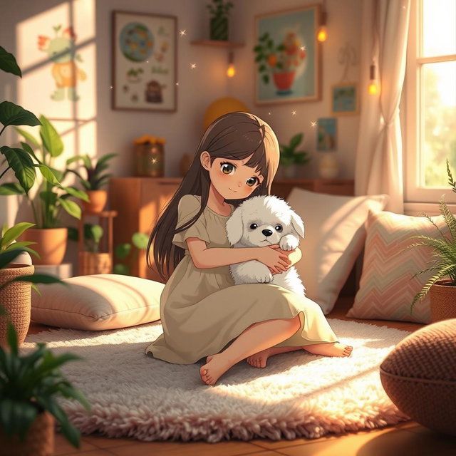 A cozy, whimsical scene reminiscent of Studio Ghibli, featuring a cute teen girl with long flowing hair wearing a pastel-colored dress, sitting on a plush rug in a sunlit room filled with plants and soft cushions
