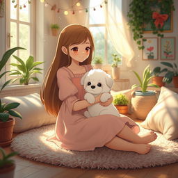 A cozy, whimsical scene reminiscent of Studio Ghibli, featuring a cute teen girl with long flowing hair wearing a pastel-colored dress, sitting on a plush rug in a sunlit room filled with plants and soft cushions