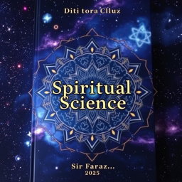 A captivating book cover for 'Spiritual Science' by Sir Faraz, featuring a blend of ethereal and scientific elements