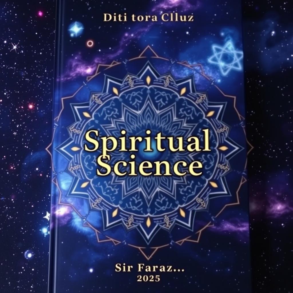 A captivating book cover for 'Spiritual Science' by Sir Faraz, featuring a blend of ethereal and scientific elements