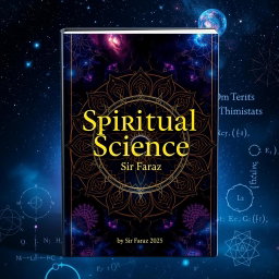 A captivating book cover for 'Spiritual Science' by Sir Faraz, featuring a blend of ethereal and scientific elements