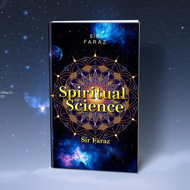 A captivating book cover for 'Spiritual Science' by Sir Faraz, featuring a blend of ethereal and scientific elements