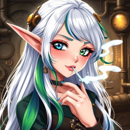A captivating elf woman depicted in a stunning steampunk style, featuring long, flowing white hair with striking green and blue stripes