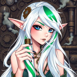 A captivating elf woman depicted in a stunning steampunk style, featuring long, flowing white hair with striking green and blue stripes