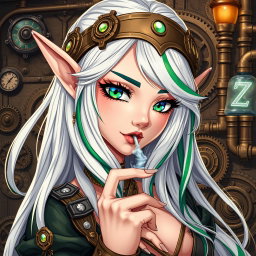 A captivating elf woman depicted in a stunning steampunk style, featuring long, flowing white hair with striking green and blue stripes