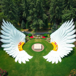 A breathtaking outdoor scene showcasing two large outstretched wings positioned on the ground, each spanning 100 meters, with their feathers creatively arranged to serve as inviting seating areas for people
