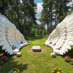 A breathtaking outdoor scene showcasing two large outstretched wings positioned on the ground, each spanning 100 meters, with their feathers creatively arranged to serve as inviting seating areas for people