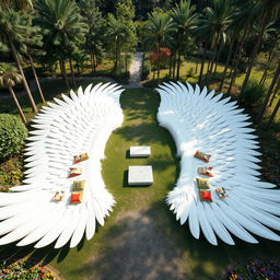 A breathtaking outdoor scene showcasing two large outstretched wings positioned on the ground, each spanning 100 meters, with their feathers creatively arranged to serve as inviting seating areas for people