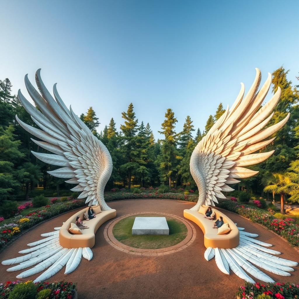 A breathtaking outdoor scene showcasing two large outstretched wings positioned on the ground, each spanning 100 meters, with their feathers creatively arranged to serve as inviting seating areas for people